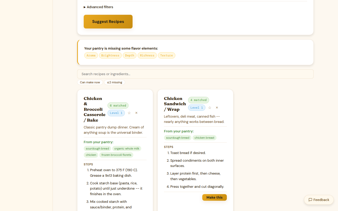 Kiwi recipe results with pantry match