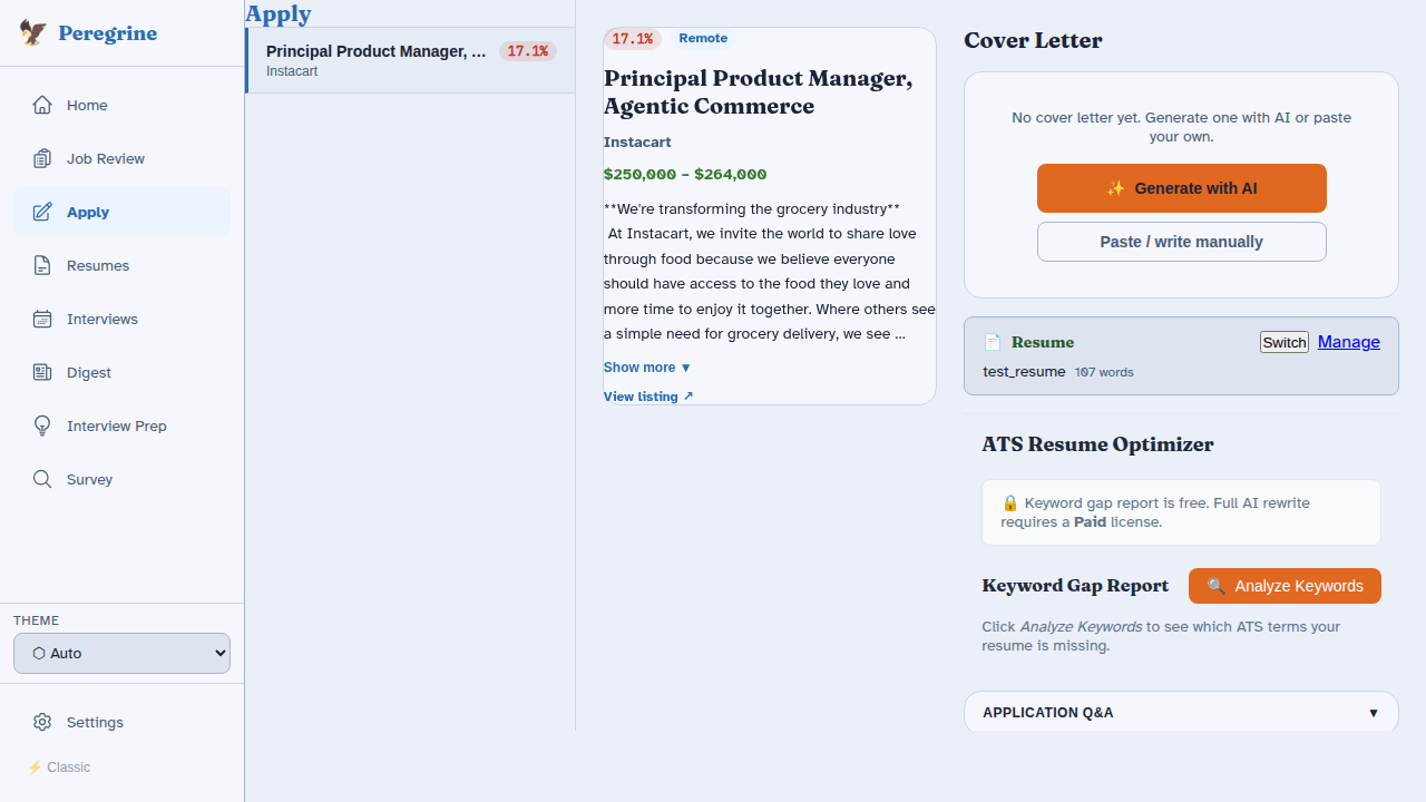 Peregrine apply workspace with cover letter generator and ATS optimizer
